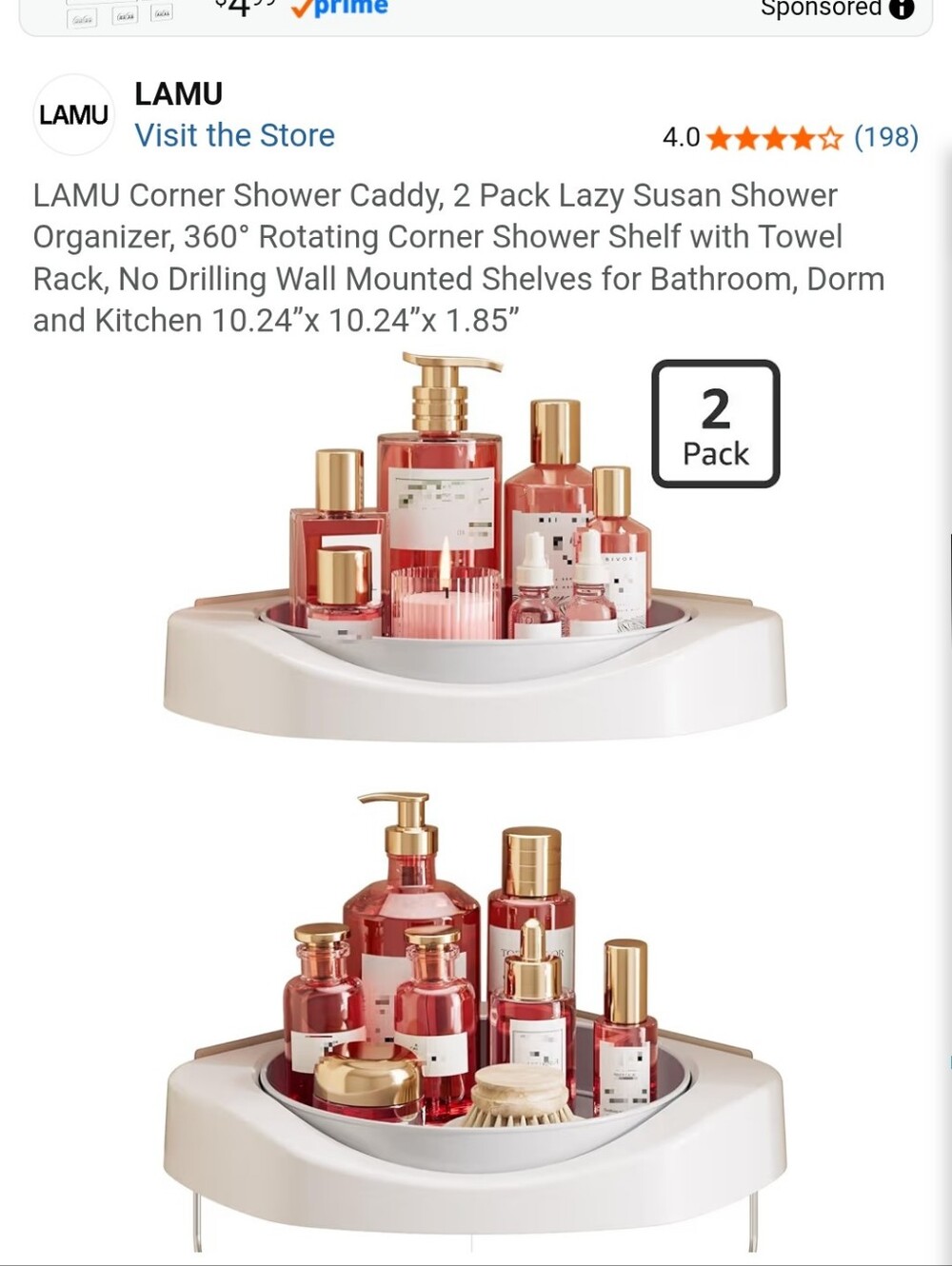 Corner Lazy Susan Shower Caddy - White (2 Pack)